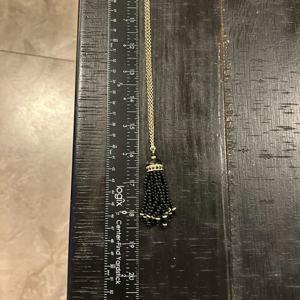 Banana Republic Enamel Black Beads Tassel Chain Necklace Gold Tone Boho​